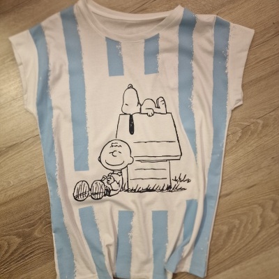 T-shirt branca e azul com estampa de Snoopy e Charlie Brown numa casota.
