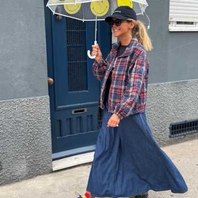 Mulher com guarda-chuva transparente com carinhas sorridentes, saia azul longa e casaco xadrez