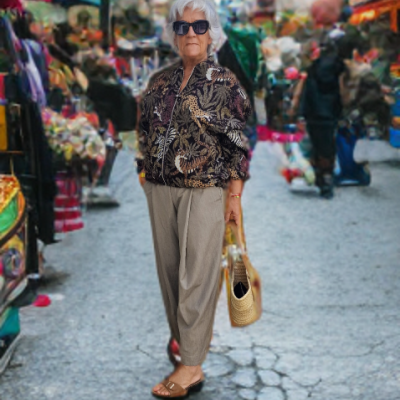 Senhora com jaqueta preta e dourada, calças bege e óculos escuros em rua de mercado