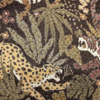 tecido padrão animalista com leopardos e tigres tons castanho verde