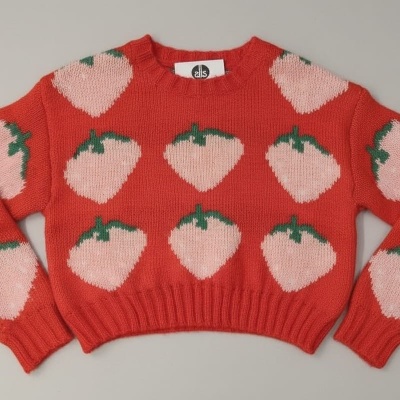 Camisola de malha vermelha com padrão de morangos rosas e folhas verdes