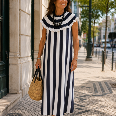 Mulher com vestido riscado azul e branco, sandálias pretas e mala de palha na rua