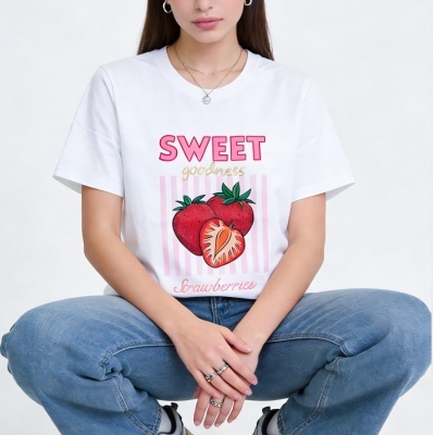 T-shirt branca com estampa de morangos e texto em rosa e dourado