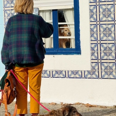 Mulher de costas com trela e cão junto a parede de azulejos e janela com cão