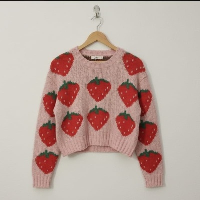 Camisola de malha rosa com padrão de morangos vermelhos