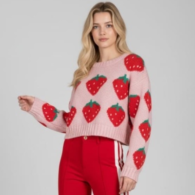 Camisola rosa clara com morangos vermelhos e calças vermelhas com riscas brancas