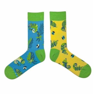 Par de meias coloridas com estampas de camaleões