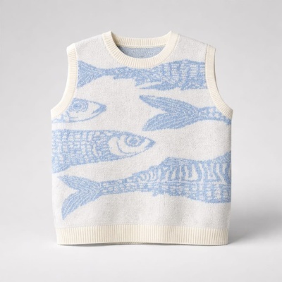 Colete de malha creme com padrão azul de peixes