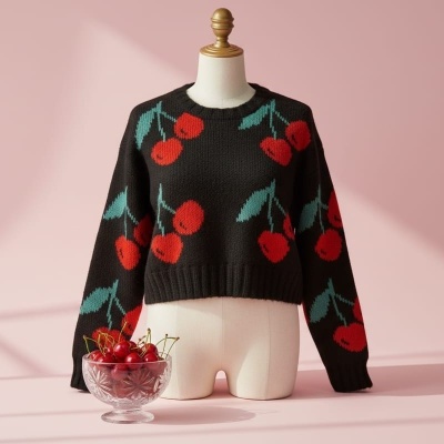 Camisola preta de malha com padrão de cerejas vermelhas e folhas verdes num manequim com fundo rosa e taça de vidro com cerejas