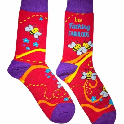 Meias vermelhas com punhos, calcanhares e biqueiras roxas e estampas de abelhas, flores e texto em azul e amarelo.