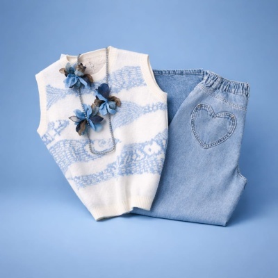 Conjunto de colete branco com padrão azul e calças de ganga azul com coração bordado