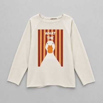 Camisola bege com estampa de pato e texto
