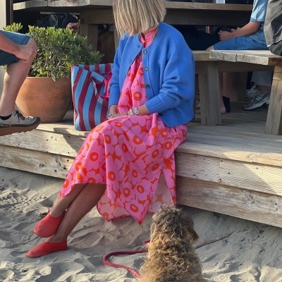Mulher sentada de vestido rosa com flores vermelhas e cardigan azul próximo à praia, com cão e mala às riscas
