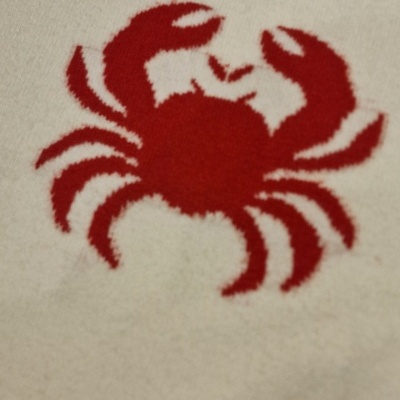 Camisola de malha branca com caranguejo vermelho e bordas vermelhas