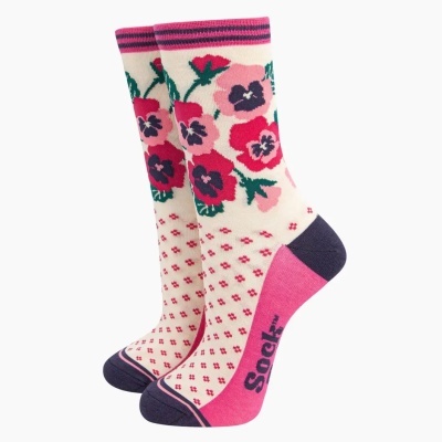 Meias creme com flores coloridas, punho às riscas e texto Sock™