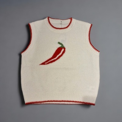 Camisola branca sem mangas com bordas vermelhas e desenho de pimento vermelho