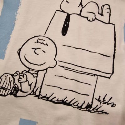 Ilustração a preto de Charlie Brown e Snoopy em tecido branco com riscas azuis