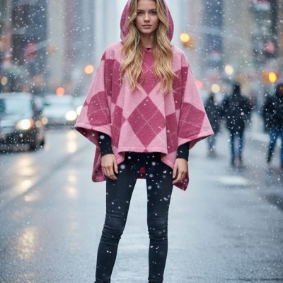 Mulher de poncho rosa xadrez com capuz na rua nevada