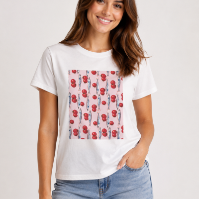 T-shirt branca com padrão de sardinhas e tomates vermelhos