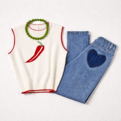 Colete branco com bordados vermelhos e pimento bordado, calças de ganga azuis com bolso em forma de coração e colar verde.
