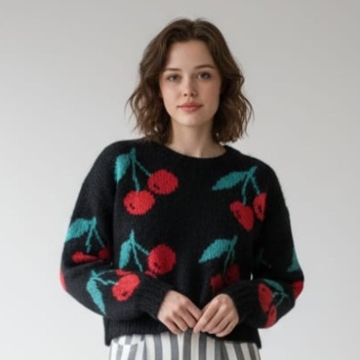 Camisola preta de malha com padrão de cerejas vermelhas e folhas verdes