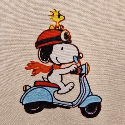 Desenho de Snoopy na mota azul com capacete e echarpe vermelha, Woodstock no capacete.