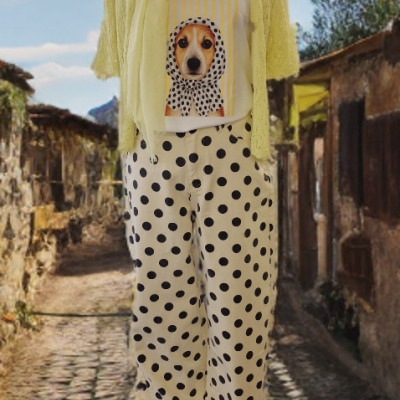 Roupa com casaco amarelo, lenço amarelo, t-shirt com estampa de cão e calças de bolinhas em rua de pedra