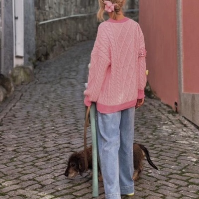 Pessoa de costas com camisola rosa de malha e calças azuis largas a passear um cão numa rua de calçada