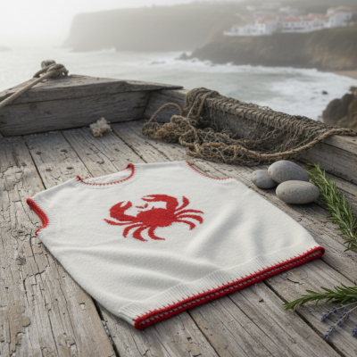 Camisola de malha branca com caranguejo vermelho sobre barco de madeira no mar