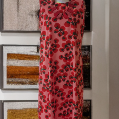 Vestido vermelho com padrão de círculos e ramos num manequim com quadros abstratos ao fundo