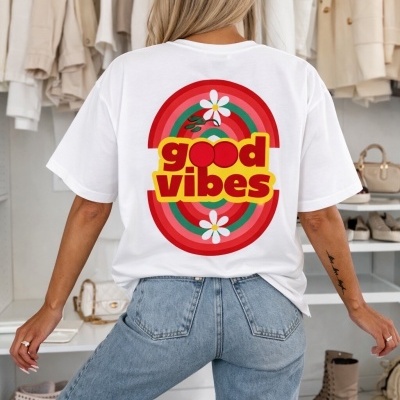 T-shirt branca com estampa colorida e letras good vibes nas costas