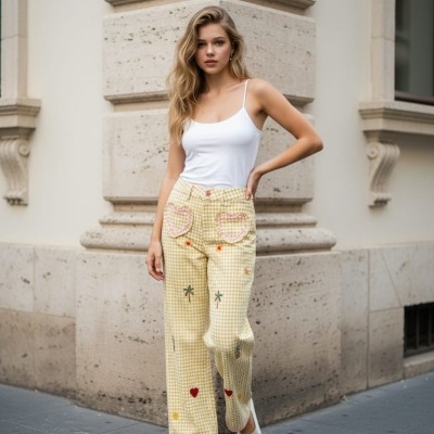Mulher com calças amarelas xadrez com detalhes de corações e flores e top branco em ambiente urbano.