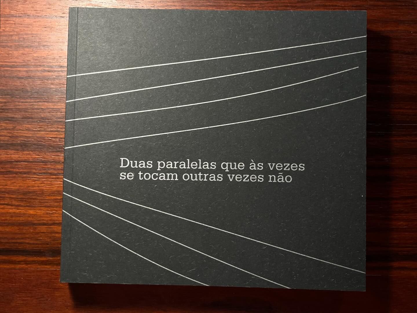 REGINA GUIMARÃES E SAGUENAIL ∙ DUAS PARALELAS QUE ÀS VEZES SE TOCAM OUTRAS VEZES NÃO ∙ INÊS SAPETA DIAS (ORG.) Livro ou caixa preta com linhas brancas paralelas e texto na capa sobre mesa de madeira