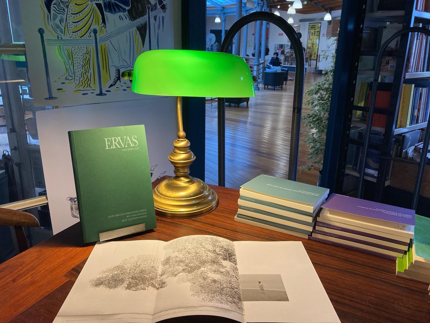 ERVAS ∙ YASUJIRO OZU ∙ JOÃO MIGUEL FERNANDES JORGE ∙ RUI VASCONCELOS ∙ RITA AZEVEDO GOMES Lâmpada clássica verde sobre mesa com livros variados e decoração interior