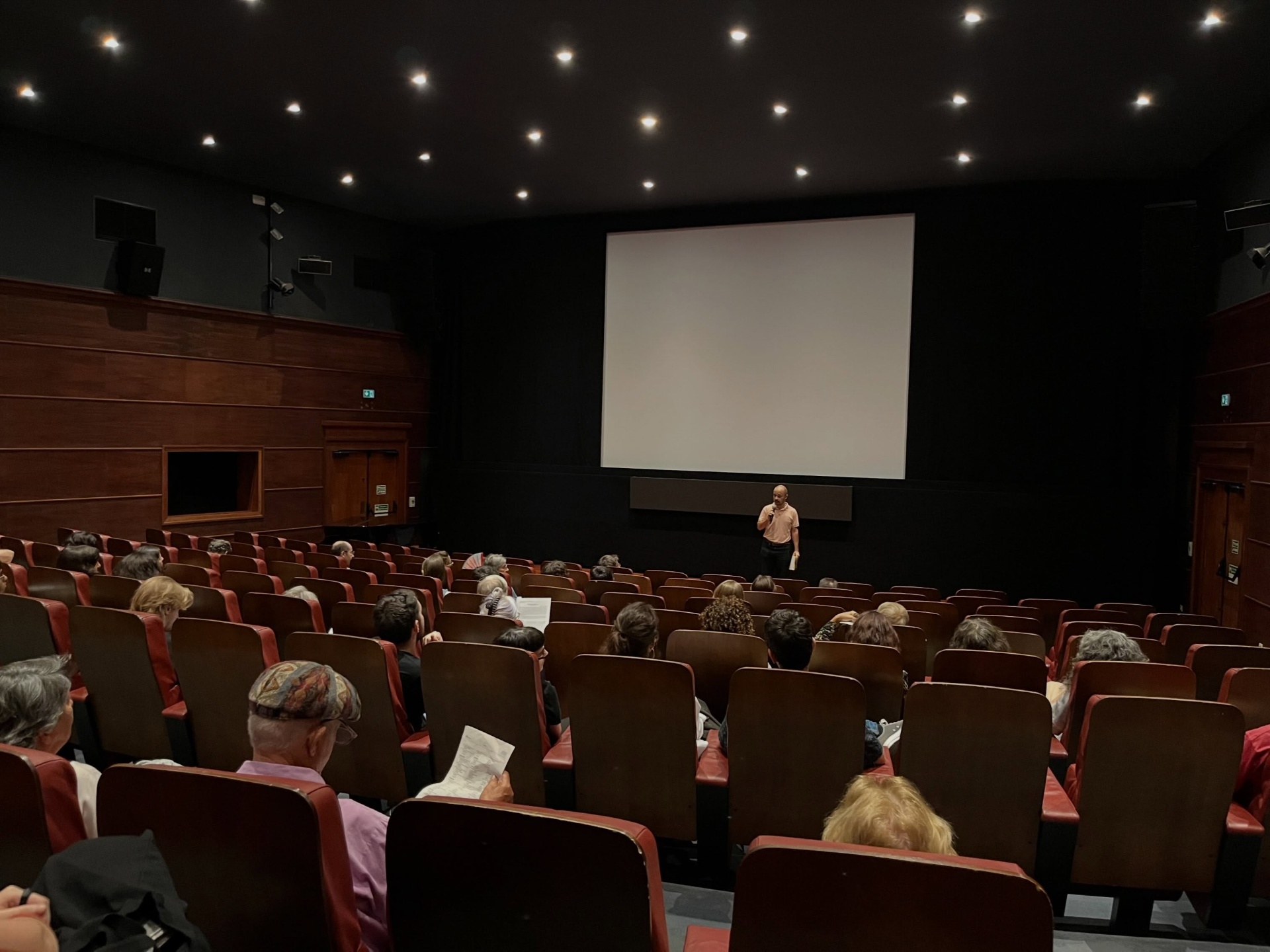 PIONEIRAS DO CINEMA PORTUGUÊS ∙ RICARDO VIEIRA LISBOA (ORG.) Auditório com cadeiras vermelhas e tela branca com homem a falar