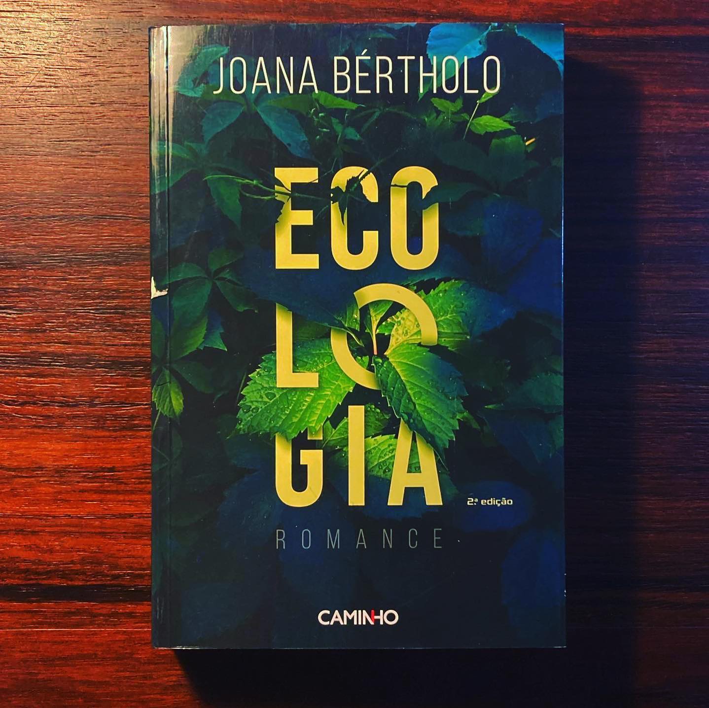 ECOLOGIA • JOANA BÉRTHOLO Livro 'Ecologia' de Joana Bértholo com capa verde e amarelo sobre madeira