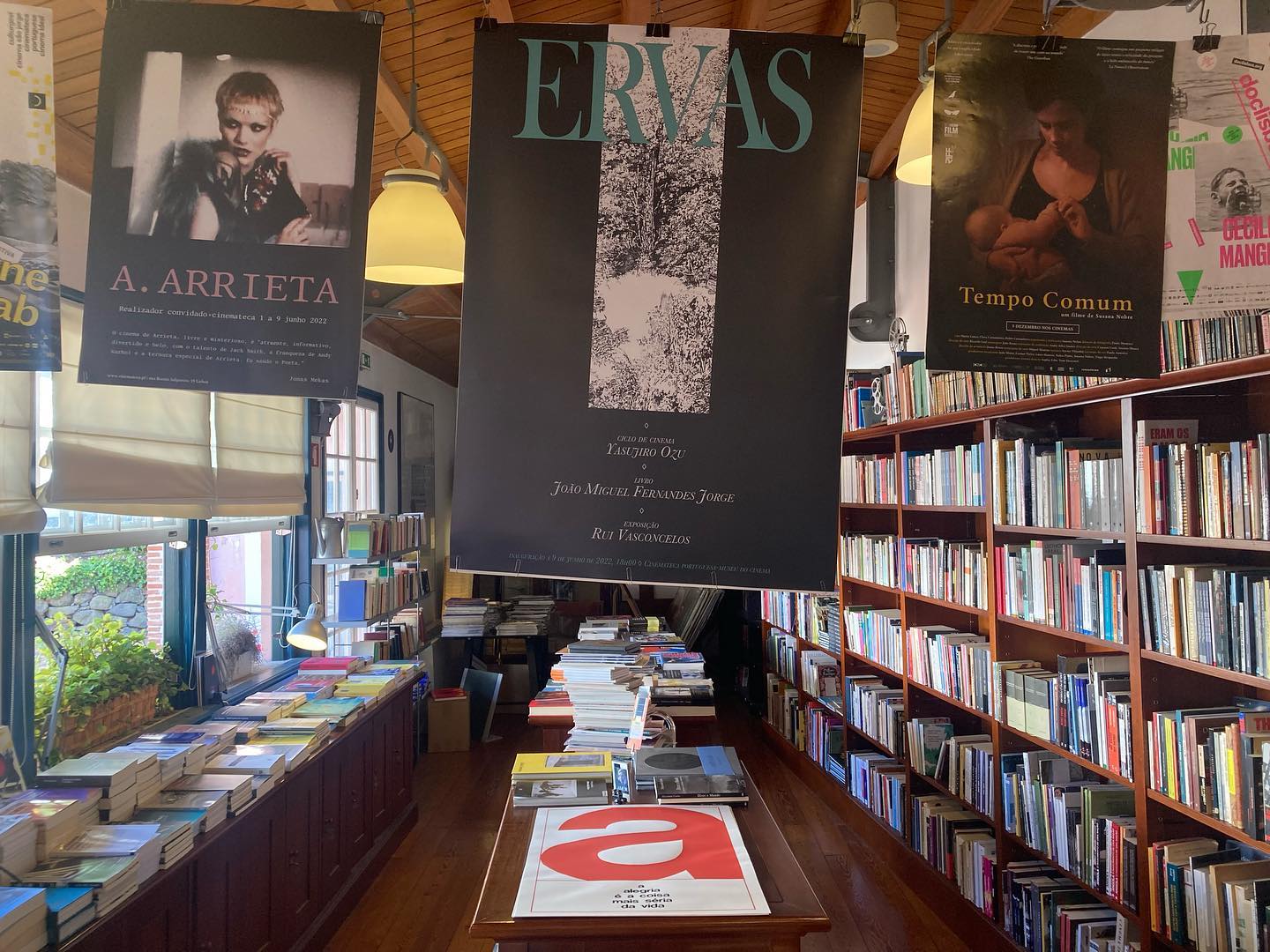 ERVAS ∙ YASUJIRO OZU ∙ JOÃO MIGUEL FERNANDES JORGE ∙ RUI VASCONCELOS ∙ RITA AZEVEDO GOMES Interior de livraria com estantes e cartazes pendurados no teto.