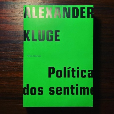 Livro verde com texto preto numa superfície de madeira