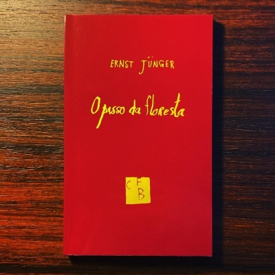 Livro vermelho com texto amarelo 'ERNST JÜNGER O passo da floresta' sobre mesa de madeira