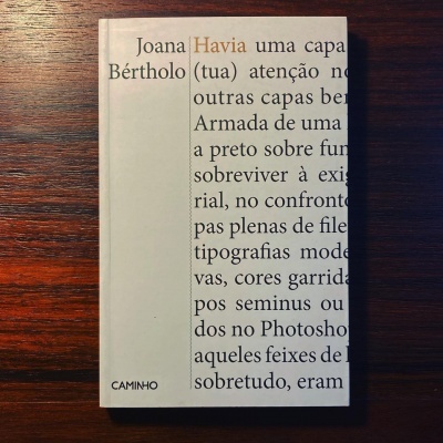 Livro branco com texto em preto e laranja sobre mesa de madeira escura