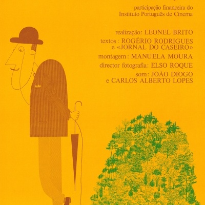 Cartaz amarelo do filme COLONIA E VILÕES com ilustração de homem e planta verde, texto em português com créditos do filme