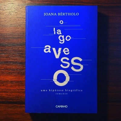 Livro O Lago Avesso de capa dura azul sobre mesa de madeira