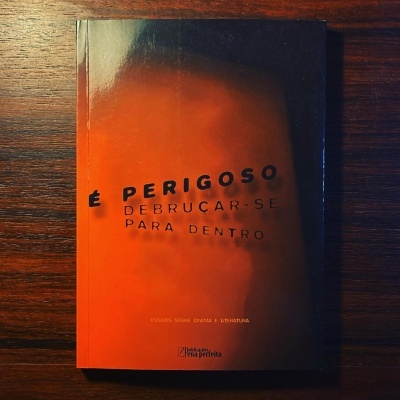 Livro com capa dura em tons de laranja e preto com título em português