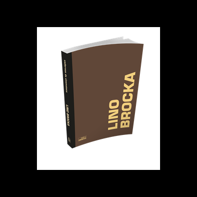 Livro capa dura castanha com título LINO BROCKA em amarelo