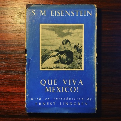 Livro 'Que Viva Mexico!' com sobrecapa azul e fotografia preta e branca ao centro.