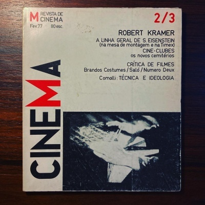 Capa da revista CINEMA de fevereiro de 1977 com texto e imagem preto e branco sobre madeira