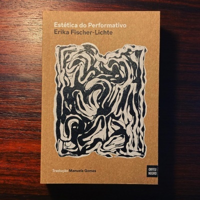 Livro Estética do Performativo com capa castanha, arte abstrata e texto em preto e branco
