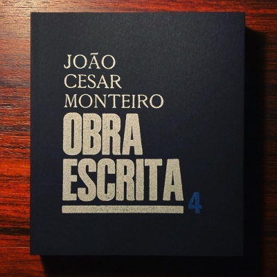 Capa preta de livro com texto dourado e azul sobre mesa de madeira