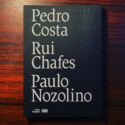 Capa de livro preta com textos em branco e relevo, sobre mesa de madeira.