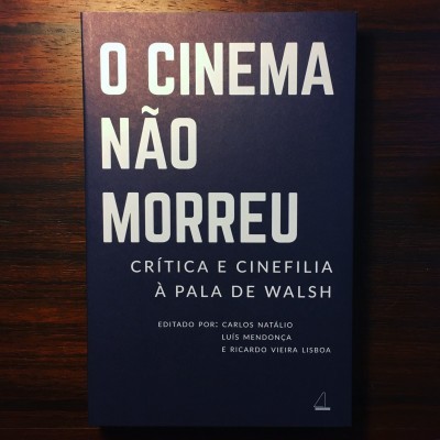 Livro azul escuro com texto branco sobre cinema numa mesa de madeira.
